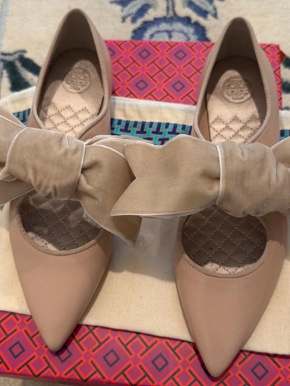 Tory Burch Pointed Toe Bow Flats in Nude